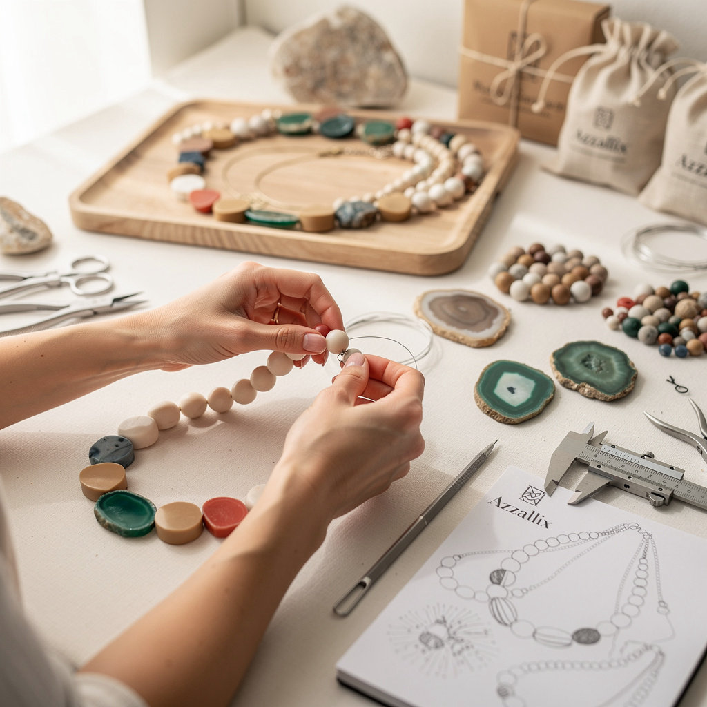 Azzallix artisan process - handcrafted necklace creation with acrylic and agate beads